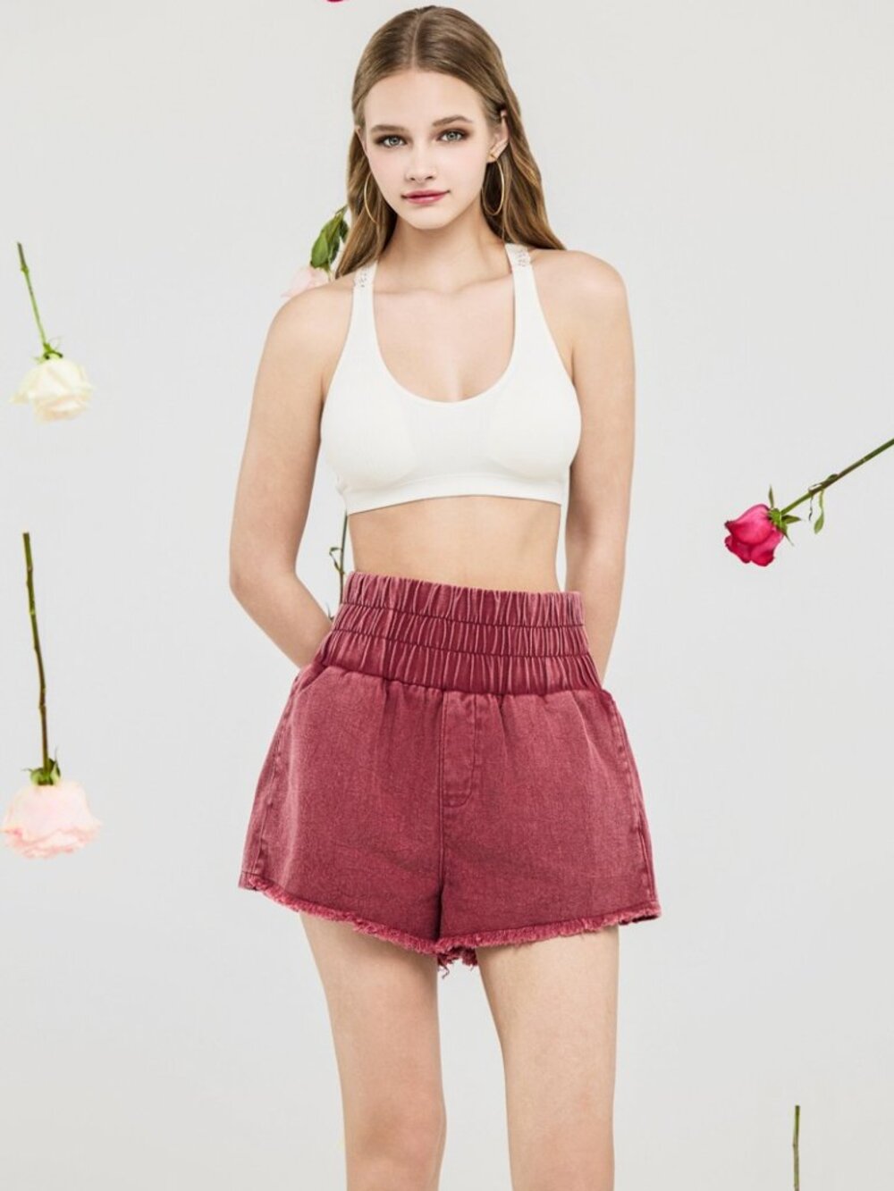 B108 Mineral Wash Smocked Shorts With Wide Waistband Red NEW